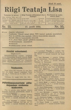 Riigi Teataja Lisa : seaduste alustel avaldatud teadaanded ; 55 1934-07-27