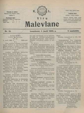 K. L. Viru Malevlane ; 13 1933-07-01