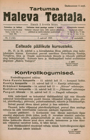 Tartumaa Maleva Teataja ; 5 (52) 1931-03-01