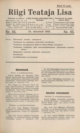 Riigi Teataja Lisa : seaduste alustel avaldatud teadaanded ; 82 1933-10-24