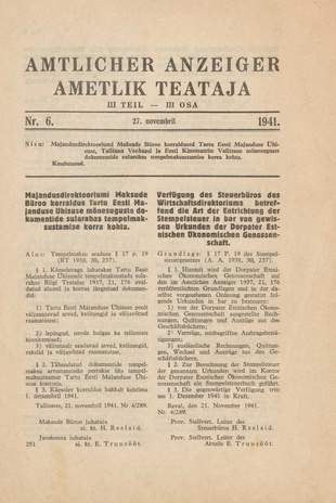 Ametlik Teataja. III osa = Amtlicher Anzeiger. III Teil ; 6 1941-11-27