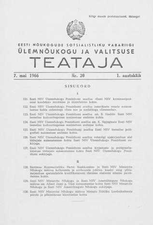 Eesti Nõukogude Sotsialistliku Vabariigi Ülemnõukogu ja Valitsuse Teataja ; 20 1966-05-07