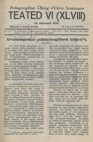Pedagoogiline Ühing "Võru Seminar" : teated ; VI (XLVIII) 1937-10-15
