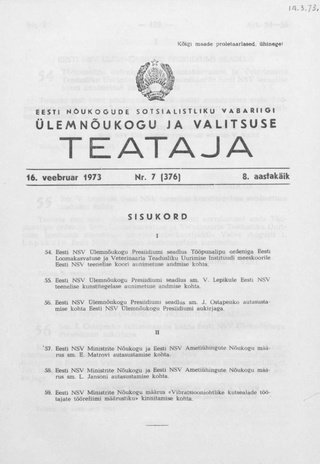 Eesti Nõukogude Sotsialistliku Vabariigi Ülemnõukogu ja Valitsuse Teataja ; 7 (376) 1973-02-16