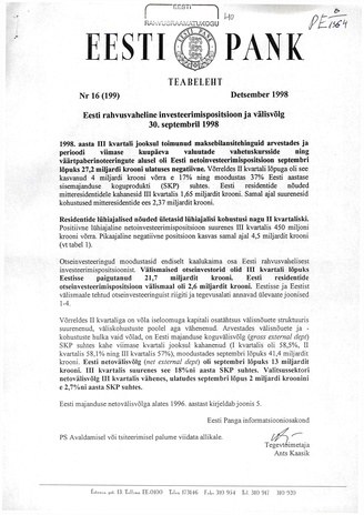 Eesti Pank : teabeleht ; 16 (199) 1998-12