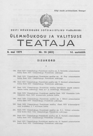Eesti Nõukogude Sotsialistliku Vabariigi Ülemnõukogu ja Valitsuse Teataja ; 16 (683) 1979-05-08