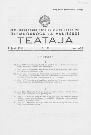 Eesti Nõukogude Sotsialistliku Vabariigi Ülemnõukogu ja Valitsuse Teataja ; 30 1966-07-05