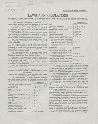 Laws and regulations regarding restrictions of imports and transactions in foreign exchange 