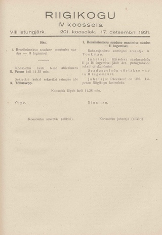 Riigikogu IV koosseis : täielikud protokollid : VIII istungjärk : protokoll nr. 201