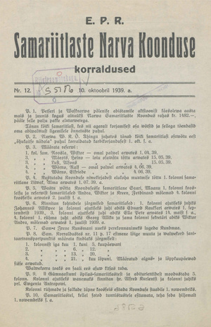 EPR Samariitlaste Narva Koonduse korraldused ; 12 1939-10-10