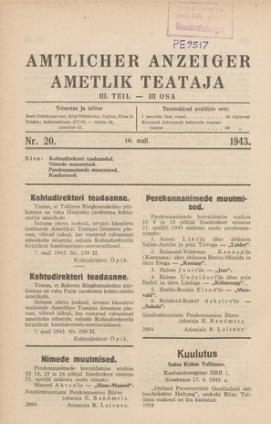 Ametlik Teataja. III osa = Amtlicher Anzeiger. III Teil ; 20 1943-05-10