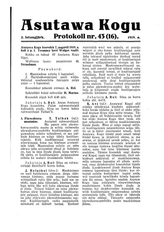 Asutawa Kogu protokoll nr.43 (16) (7. august 1919)