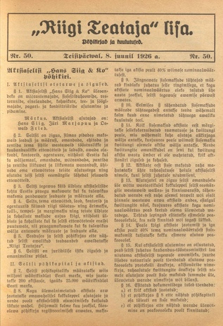 Riigi Teataja Lisa : seaduste alustel avaldatud teadaanded ; 50 1926-06-08