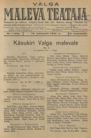 Valga Maleva Teataja ; 1 (46) 1931-01-15