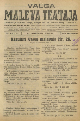 Valga Maleva Teataja ; 23 (170) 1936-11-04
