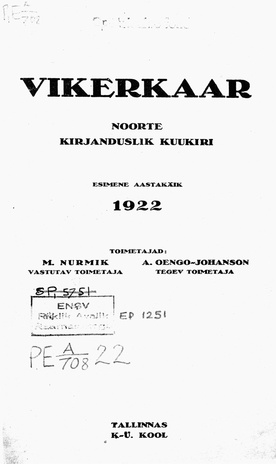 Vikerkaar ; sisukord 1922