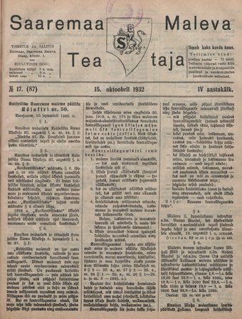 Saaremaa Maleva Teataja ; 17 (87) 1932-10-15