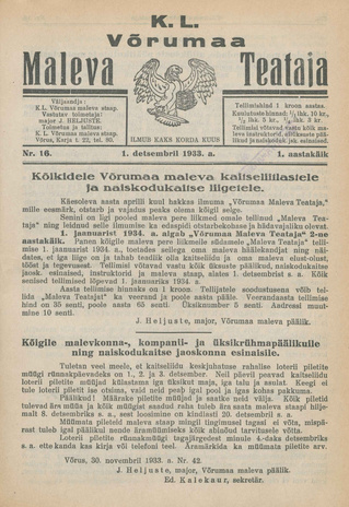 K. L. Võrumaa Maleva Teataja ; 16 1933-12-01