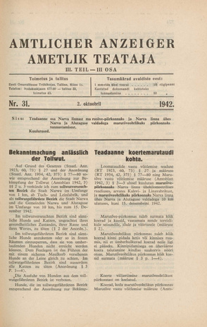 Ametlik Teataja. III osa = Amtlicher Anzeiger. III Teil ; 31 1942-10-02
