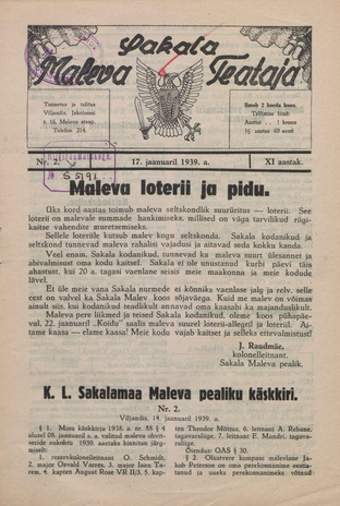Sakalamaa Maleva Teataja ; 2 1939-01-17