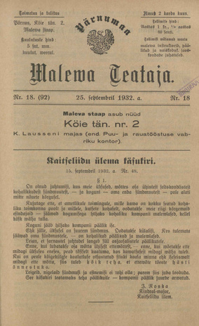 Pärnumaa Maleva Teataja ; 18 (92) 1932-09-25
