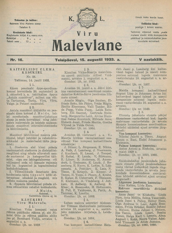 K. L. Viru Malevlane ; 16 1933-08-15