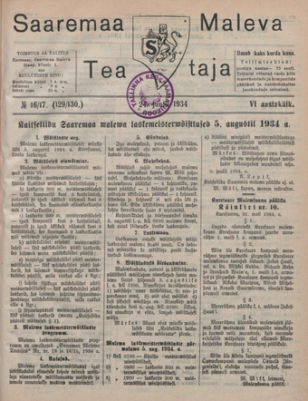 Saaremaa Maleva Teataja ; 16/17 (129/130) 1934-07-24