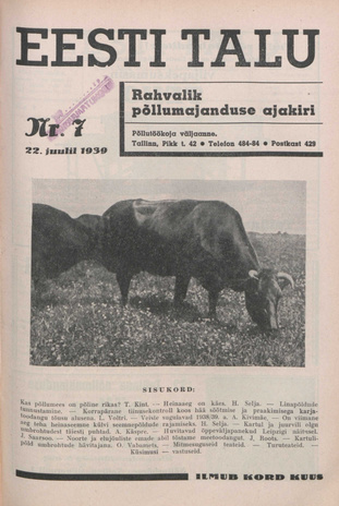 Eesti Talu : rahvalik põllumajanduse ajakiri ; 7 1939-07-22