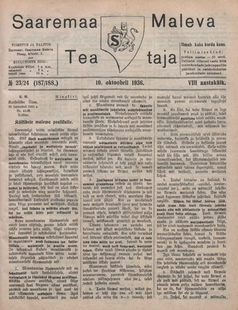 Saaremaa Maleva Teataja ; 23/24 (187/188) 1936-10-10
