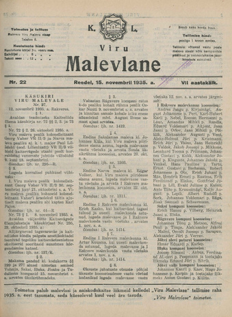 K. L. Viru Malevlane ; 22 1935-11-15