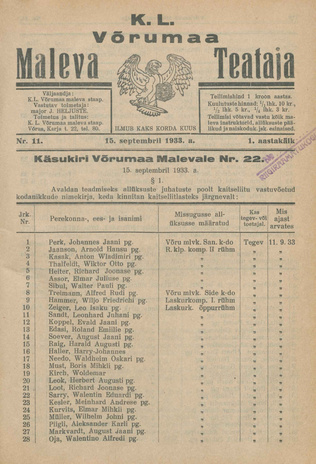 K. L. Võrumaa Maleva Teataja ; 11 1933-09-15
