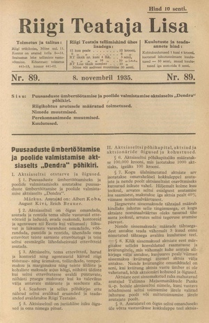 Riigi Teataja Lisa : seaduste alustel avaldatud teadaanded ; 89 1935-11-08