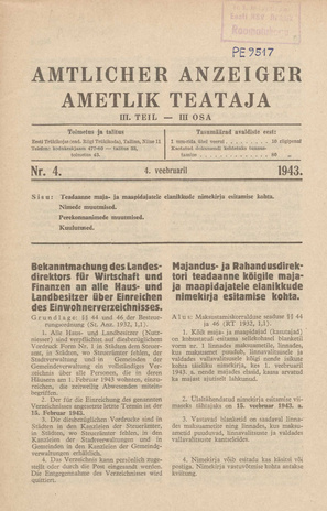 Ametlik Teataja. III osa = Amtlicher Anzeiger. III Teil ; 4 1943-02-04