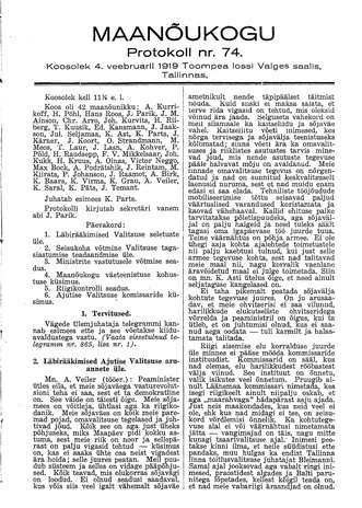 Maanõukogu protokoll nr.74 (4. veebruar 1919)