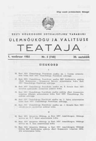 Eesti Nõukogude Sotsialistliku Vabariigi Ülemnõukogu ja Valitsuse Teataja ; 5 (748) 1985-02-01