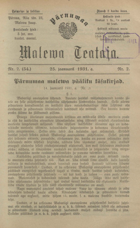 Pärnumaa Maleva Teataja ; 2 (54) 1931-01-25