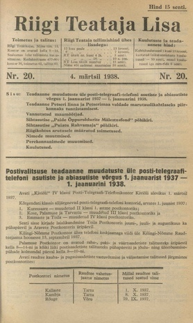 Riigi Teataja Lisa : seaduste alustel avaldatud teadaanded ; 20 1938-03-04