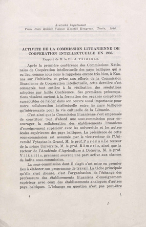 Activité de la Commission Lituanienne de Coopération Intellectuelle en 1936 : rapport 