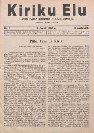 Kiriku Elu : Eesti Katoliiklaste Häälekandja ; 6 1935-06-01