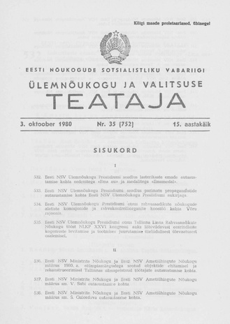 Eesti Nõukogude Sotsialistliku Vabariigi Ülemnõukogu ja Valitsuse Teataja ; 35 (752) 1980-10-03