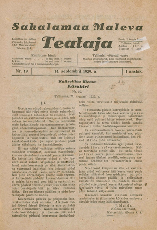 Sakalamaa Maleva Teataja ; 19 1929-09-14