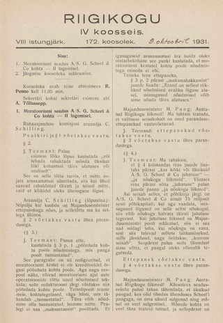 Riigikogu IV koosseis : täielikud protokollid : VIII istungjärk : protokoll nr. 172