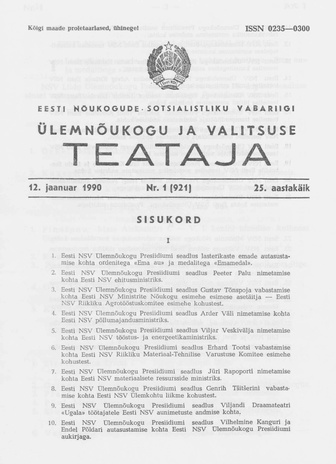 Eesti Nõukogude Sotsialistliku Vabariigi Ülemnõukogu ja Valitsuse Teataja ; 1 (921) 1990-01-12