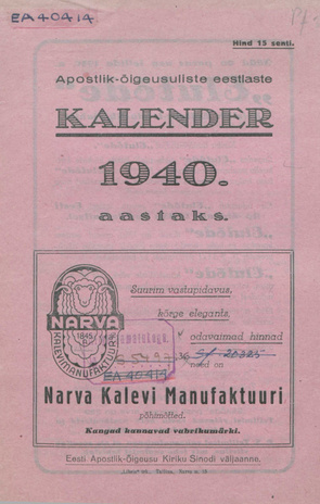 Apostlik-õigeusuliste eestlaste kalender 1940 aastaks ; 1939