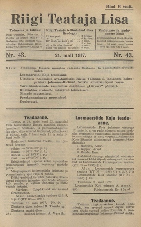 Riigi Teataja Lisa : seaduste alustel avaldatud teadaanded ; 43 1937-05-21
