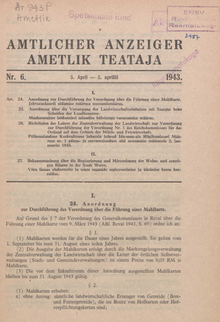 Ametlik Teataja. I/II osa = Amtlicher Anzeiger. I/II Teil ; 6 1943-04-05