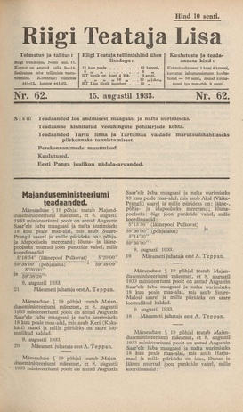 Riigi Teataja Lisa : seaduste alustel avaldatud teadaanded ; 62 1933-08-15