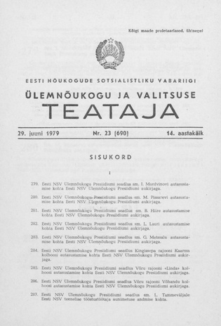 Eesti Nõukogude Sotsialistliku Vabariigi Ülemnõukogu ja Valitsuse Teataja ; 23 (670) 1979-06-29