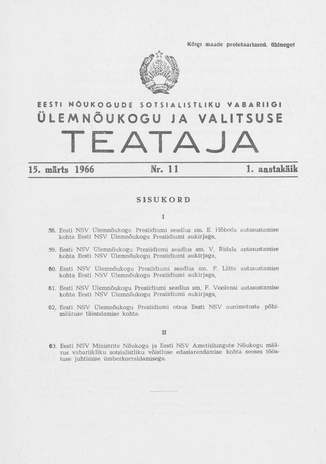 Eesti Nõukogude Sotsialistliku Vabariigi Ülemnõukogu ja Valitsuse Teataja ; 11 1966-03-15