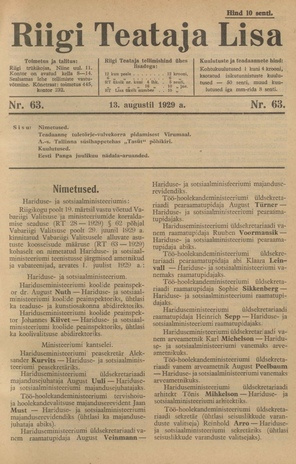 Riigi Teataja Lisa : seaduste alustel avaldatud teadaanded ; 63 1929-08-13